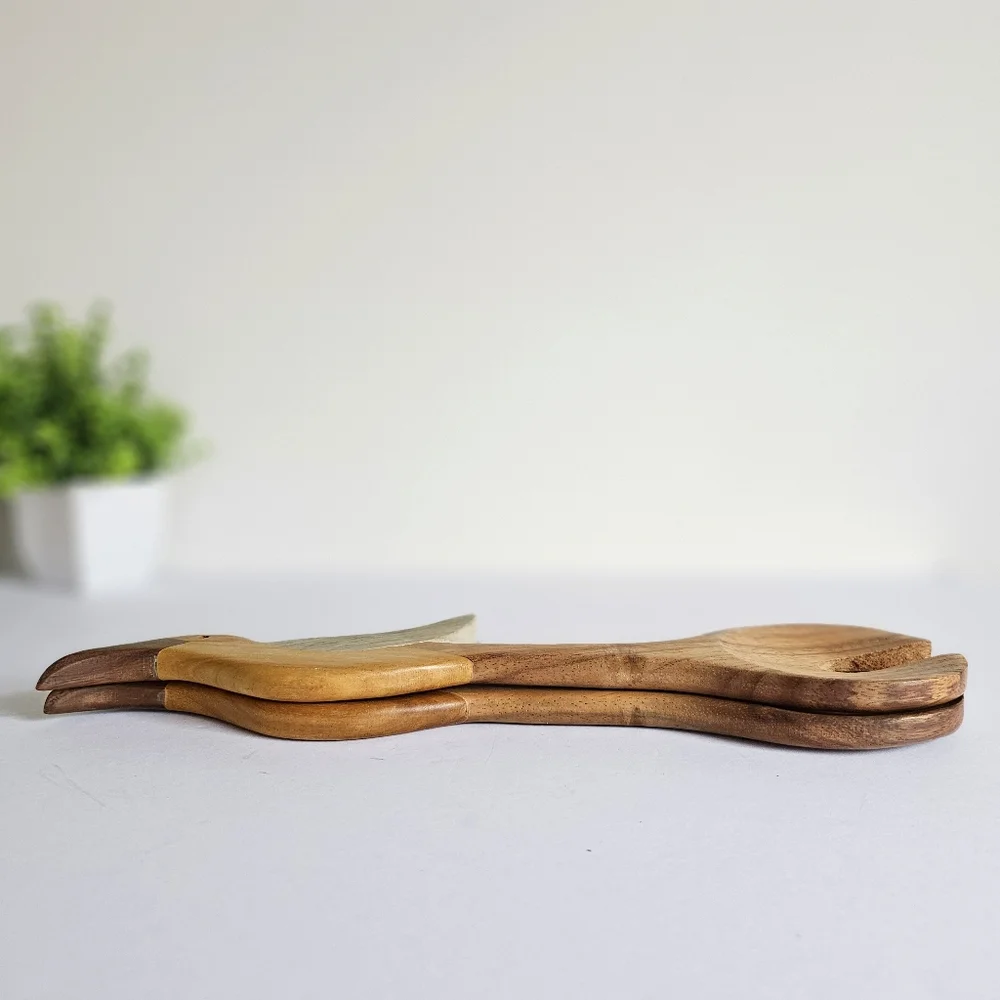 Handcarved Tribal Wooden Bird-Shaped Fork Spoon Rustic Serving Servers